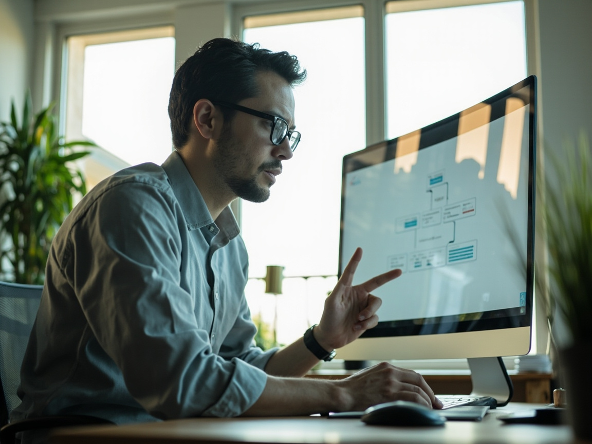 Business owner evaluating a unified AI business operating system on a modern curved monitor in a home office