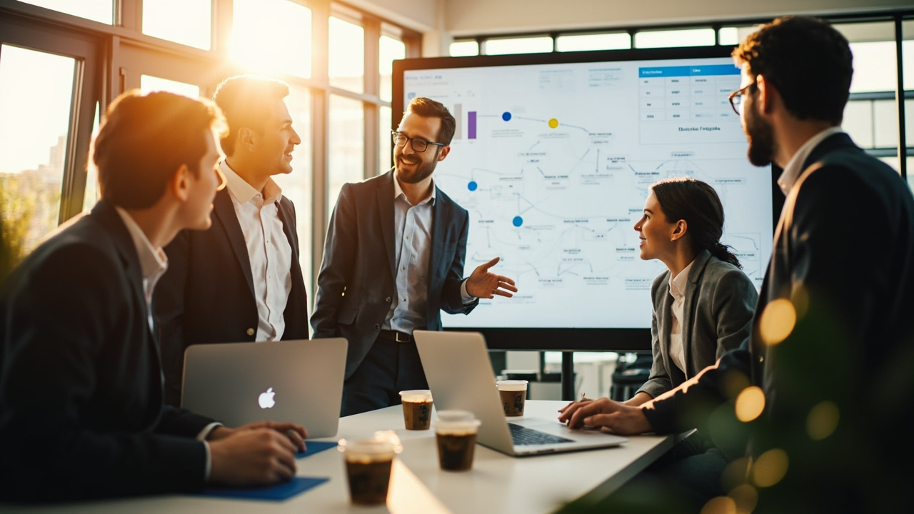 Small business team reviewing an AI business operating system dashboard together in a bright office