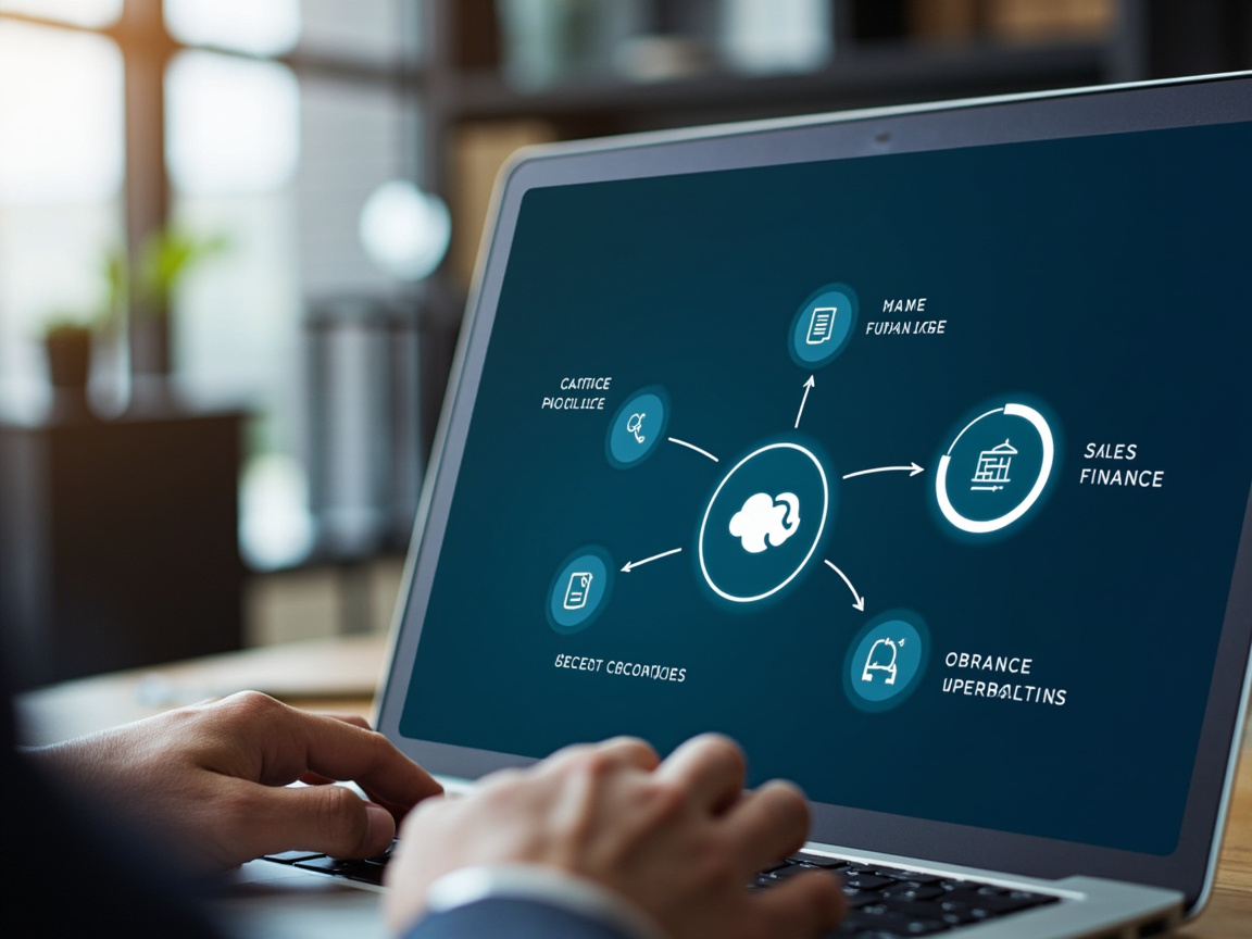 Laptop screen showing an AI business operating system connecting sales, finance, and operations data