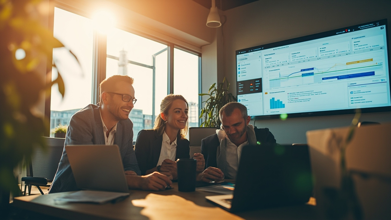 Team reviewing a unified dashboard on a business operating system software platform