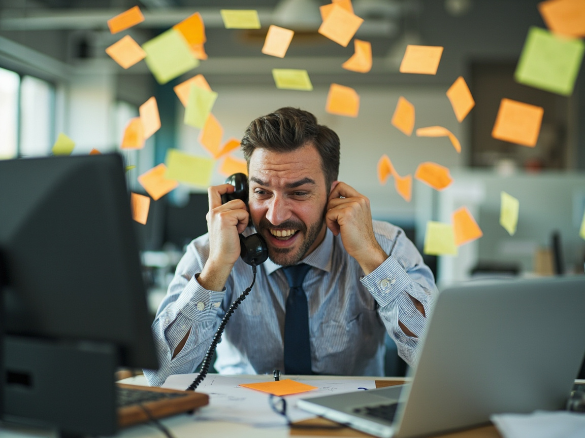 Overwhelmed business owner buried in tasks, illustrating the cost of staying in the middle of your business