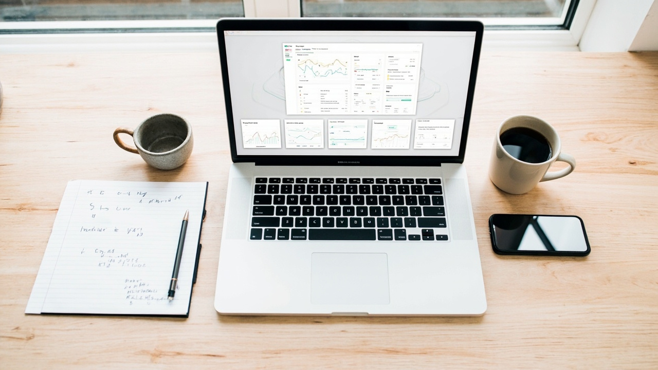 Entrepreneur's desk with a unified business dashboard on a laptop — running your whole business on one system
