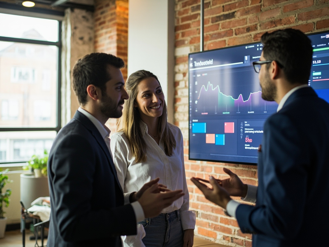 Small business team reviewing live data on a unified system during a brief stand-up meeting